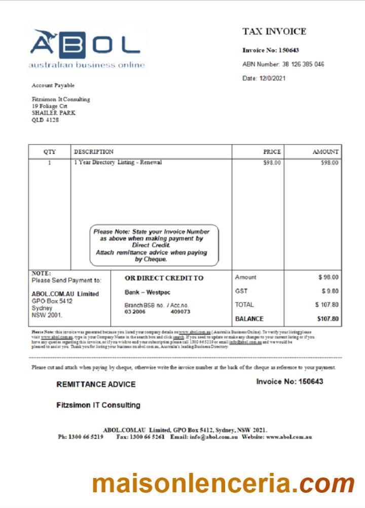 Australia ABOL marketing consultancy company faktura Word and PDF template